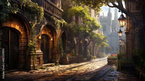 Sunlight filters through the leaves onto an ancient street  where history breathes through the stones and arches of timeless structures.