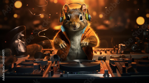 A squirrel in headphones focuses on the DJ turntable, amidst a backdrop of party lights, conveying a mood of concentration and musical passion.