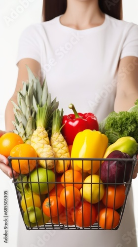 A grocery cart filled with fresh fruits and vegetables in woman hands. Concept of proper nutrition, healthy eating, and a balanced vegetarian or vegan diet.