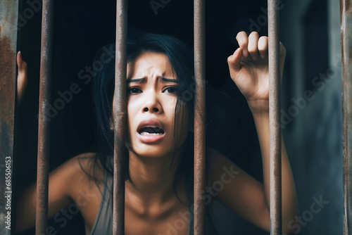 Woman in a prison cell. Close-up portrait of a woman imprisoned in prison.