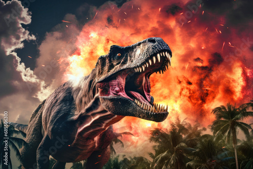 Tyrannosaurus T-rex  dinosaur on smoke and fire background. Dinosaur in the ancient jungle. Primordial monster.