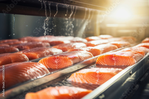 A production line of fresh salmon fillets at a fish processing factory. Close-up. photo