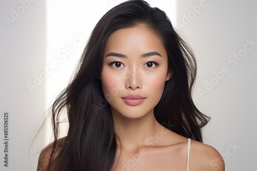 Image of a radiant Asian woman showcasing her flawless skin against a clean white backdrop. Generative AI