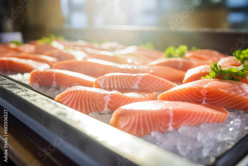 The detail of a fish salmon factory, processing line. Fish and food industry abstract. Salmon fillet on an industrial conveyor.