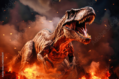 Tyrannosaurus T-rex ,dinosaur on smoke and fire background. Global catastrophe. A dinosaur escapes from the flames. photo