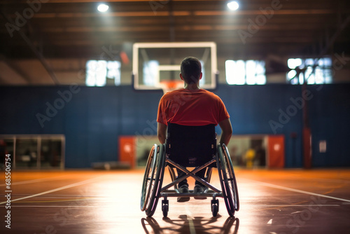 A disabled man in a wheelchair throws a basketball into a basket. Sports for people with disabilities. Active lifestyle. photo