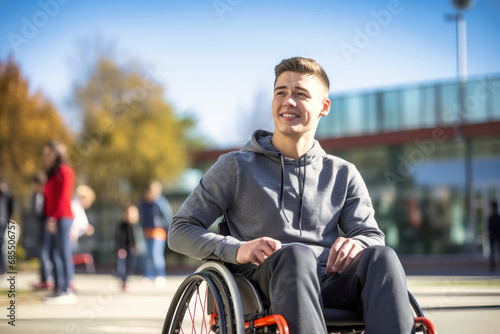 Guy in wheelchair at school or college. Education of people with disabilities. Social assistance to people with disabilities. Autism. © Anoo