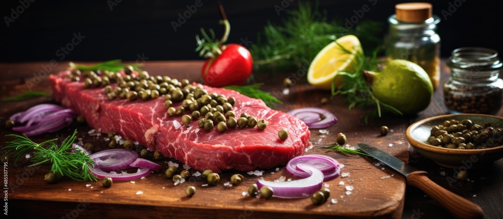 Raw beef steak with onions, capers, and pickled cucumbers on a wooden table.