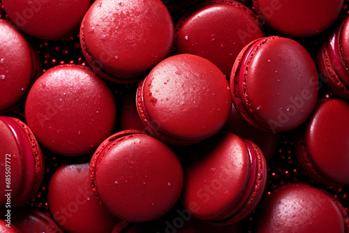 Top view of many red French macarons sweets photo