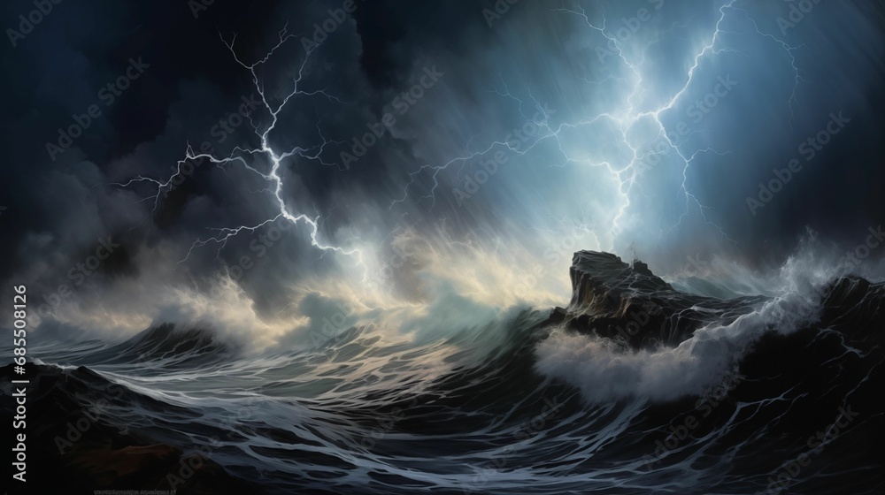 AI illustration of an awe-inspiring seascape depicting a scene of immense blue ocean waves. - obrazy, fototapety, plakaty 