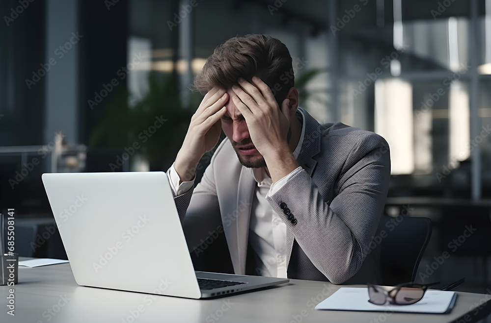 Stressed businessman with a headache at work, white laptop, depicting workplace stress, health issues, migraine, exhaustion, medical challenges, professional burnout, and disappointment Stressed businessman with a headache at work, white laptop, depicting workplace stress, health issues, migraine, exhaustion, medical challenges, professional burnout, and disappointment