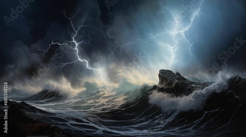 AI illustration of an awe-inspiring seascape depicting a scene of immense blue ocean waves.