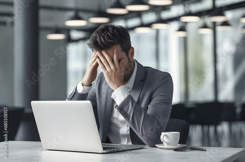 Stressed office worker man having a headache at work, white laptop, depicting workplace stress, health issues, migraine, exhaustion, medical challenges, professional burnout, and disappointment