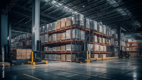 Сlose up photo of large logistic business transport warehouse indoor premises