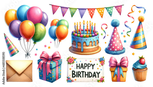 Vibrant birthday celebration set with cake, balloons, gifts, and party hats photo