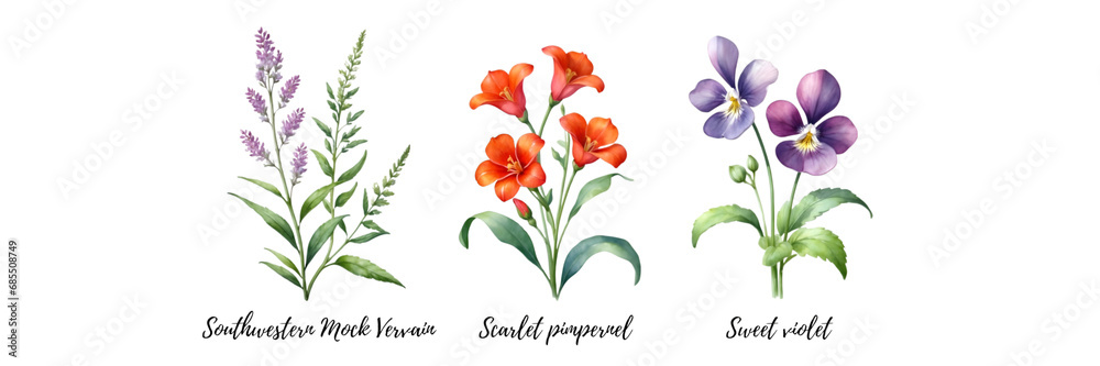 Watercolor paintings of various species of wildflowers. Watercolor paintings of various species of wildflowers.
