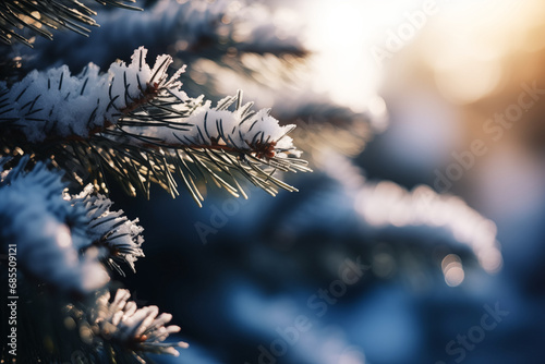 A closeup of a frosty pine branch against a sunset sky