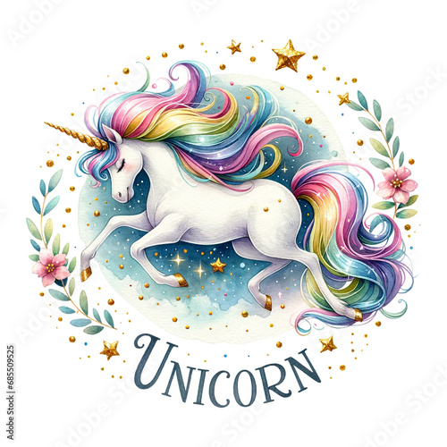 White unicorn with colorful mane and golden horn, phrase Unicorn photo