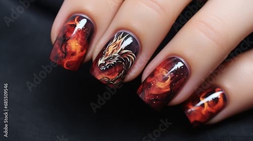 Christmas winter with dragons Nail Art for New Year's Celebration. 