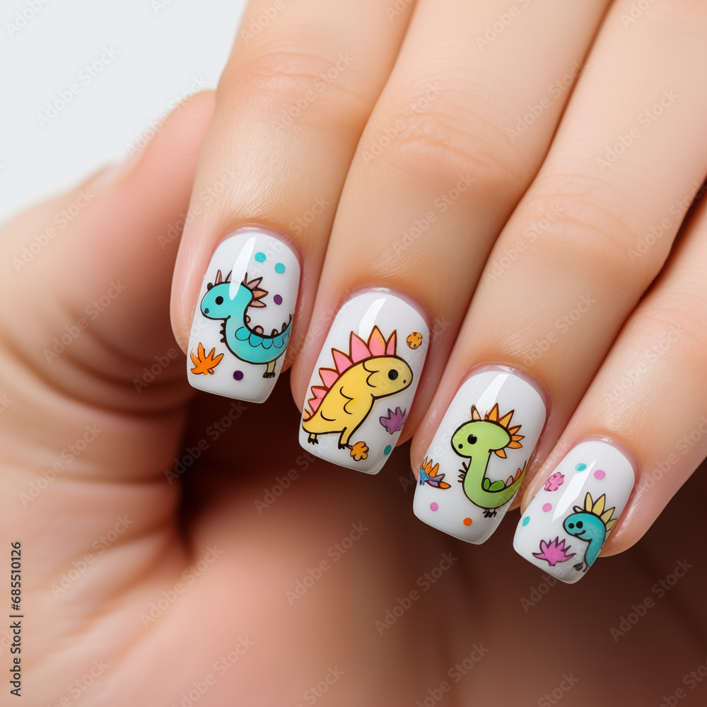Christmas winter manicure with cute baby dragons. Nail Art for New Year's Celebration. Christmas winter manicure with cute baby dragons. Nail Art for New Year's Celebration.