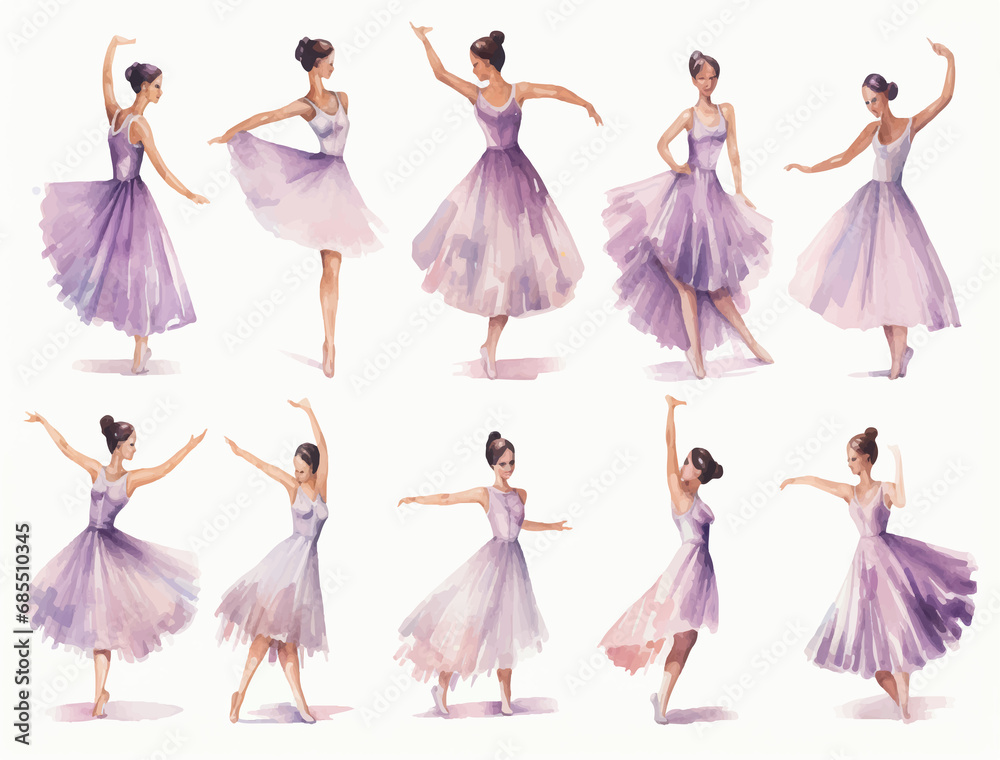 watercolor ballerina multiple poses and expression and movements, white background illustration - obrazy, fototapety, plakaty 