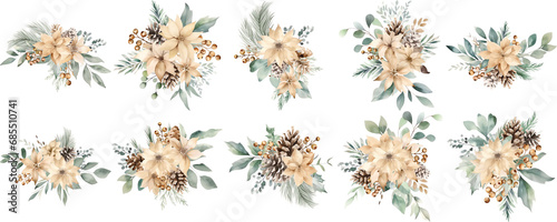 Set of Neutral Christmas Watercolor Poinsettias and Pine Cones on a White Background photo