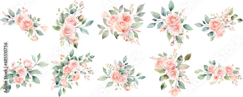 Set of watercolor bouquet of pink roses and green leaves with transparent background #685510756