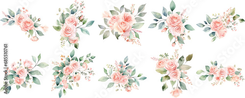 Set of watercolor bouquet of pink roses and green leaves on transparent background