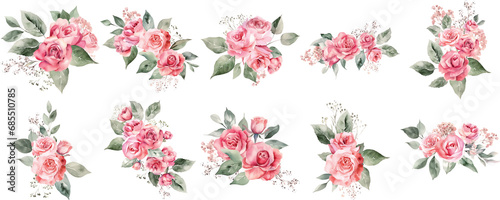 Set of Pink Rose Bouquets Watercolor with Delicate Petals Transparent Background