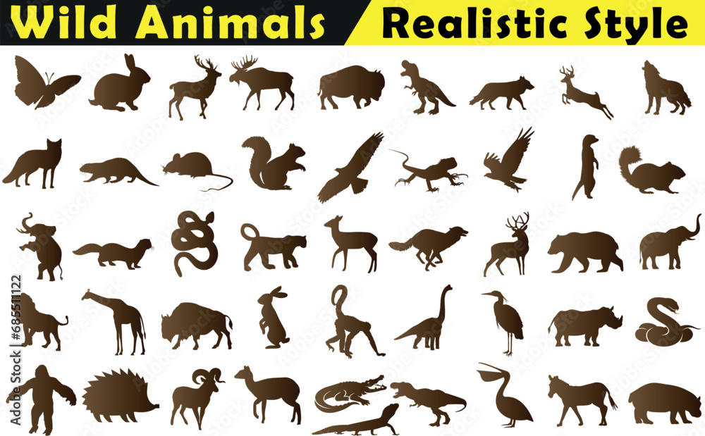 Fototapeta premium Illustration Vectorielle de la Faune, Style Réaliste. Collection d’Animaux Sauvages en Silhouette: Cerf, Renard, Loup, Ours, Lion, Tigre, Éléphant, Crocodile, Serpent, Singe, Gorille, Girafe, Aigle