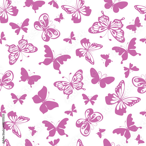Vector seamless pattern with gentle monochromatic pink butterflies on a transparent background