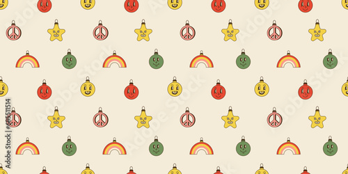 Fototapeta Naklejka Na Ścianę i Meble -  Groovy Christmas seamless pattern. Comic retro winter characters and decorative elements. Hippie decor textile, wrapping paper, wallpaper design. Cartoon vector in 70s 80s, xmas background