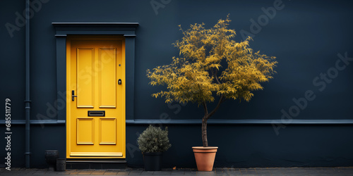 Schöne gelbe Türe mit Im Raum mit einem Baum im Querformat als Banner, ai generativ photo