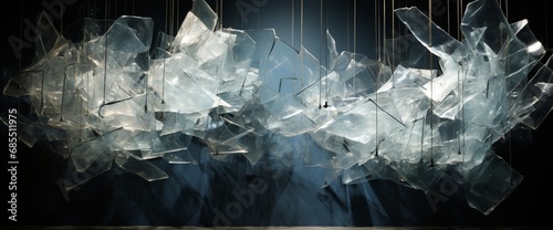 Chaotic and fragmented shards of glass suspended in mid-air, refracting light and casting intricate patterns on the surrounding surfaces in a visually captivating display. © Nature Lover