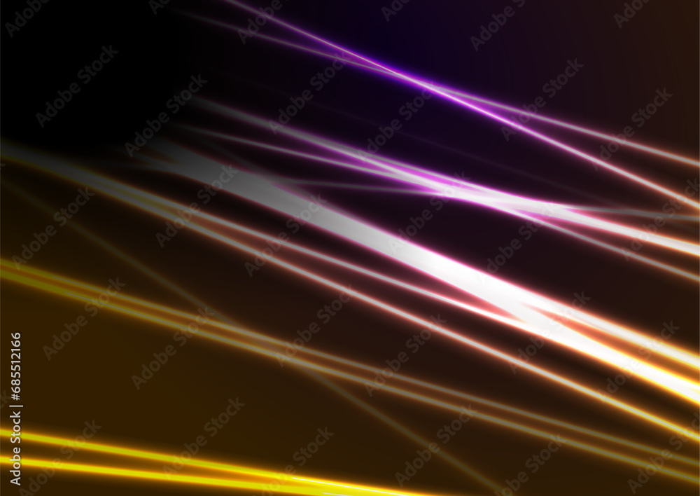 Fototapeta premium Glowing yellow violet neon laser lines abstract background. Technology vector design