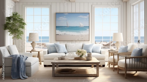 Coastal living room with breezy vibes, nautical accents, and an untouched frame capturing the essence of seaside tranquility. © Nature Lover