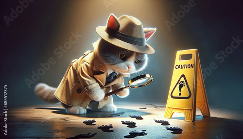 An image of a cat dressed in classic detective gear, complete with a trench coat and a detective's hat. The cat is intently inspecting a series of footprints with a magnifying glass - Generative AI photo