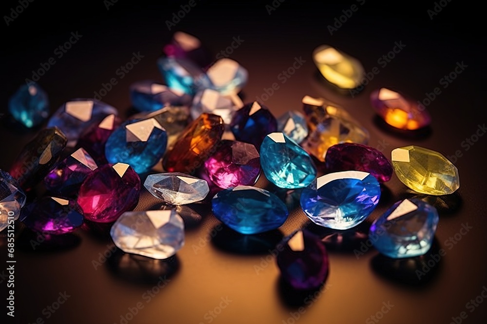 Jewel on black shine color, Collection of many different natural gemstones Luxurious Gemstones: Sparkling Jewels on Sleek Black Surface