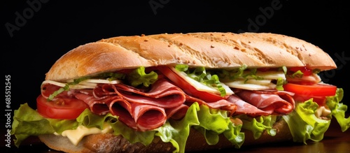 Salami  lettuce  tomatoes  and cheese wrapped in a sandwich.