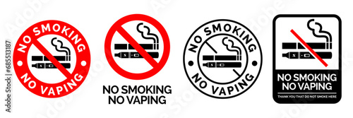 No smoking no vaping sign. Forbidden sign icon isolated on white background vector illustration. Cigarette, vape and smoke and in prohibition circle.
