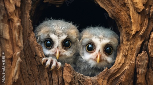 Curious baby owlets peeking out of their nest in an ancient tree. photo