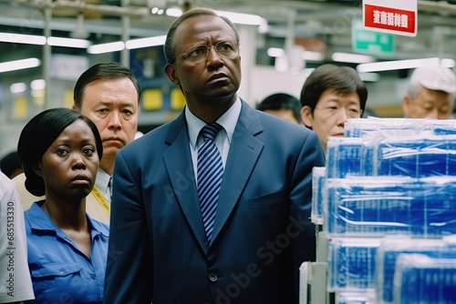 An annoyed, unhappy shop manager. Black CEO of a shop, store. Outrageous situation. A sales manager surrounded by his assistant and customers. Face expression, emotions. Grumpy, unpleased man photo