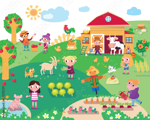 Cute farmers and animals on the farm. Cartoon funny characters. Vector illustration for children on background. Big scene  summer picture for children s book.