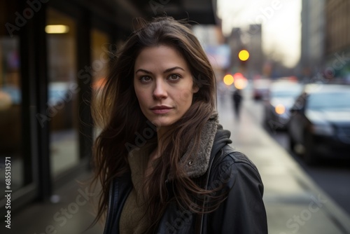 Portrait of a beautiful young brunette woman in the city.