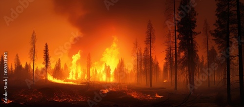 Sunset casts a fiery glow on a smoky pine forest ablaze with a wildfire. © AkuAku