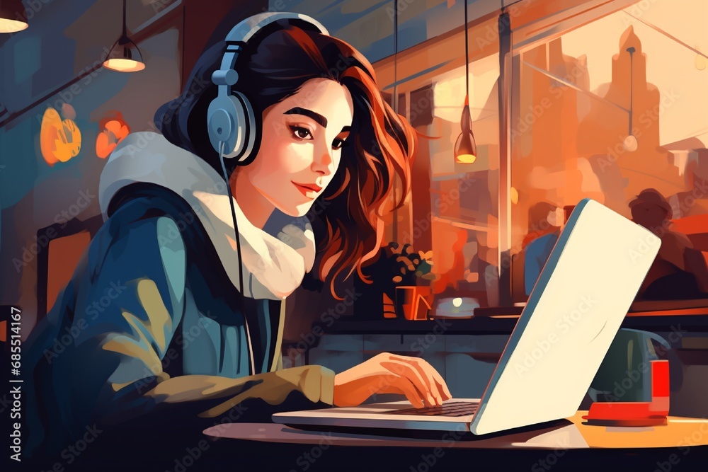 Girl freelancer or student using her computer in a cafe, making eye contact with the camera. Bright solid background.