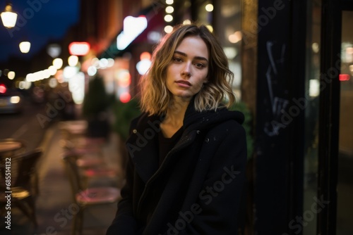 Beautiful girl in a black coat in the city at night.