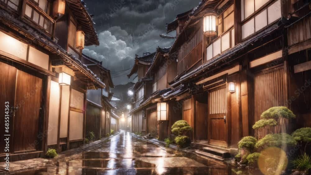 Traditional Japanese house street. Rainy old asian village. Loop background video. Traditional Japanese house street. Rainy old asian village. Loop background video.