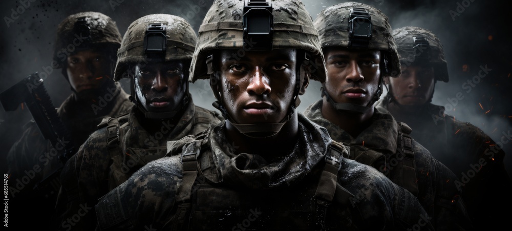 Cinematic Display of Military Strength - Soldiers in Formation, Powerful and Disciplined, Dark Background - obrazy, fototapety, plakaty 