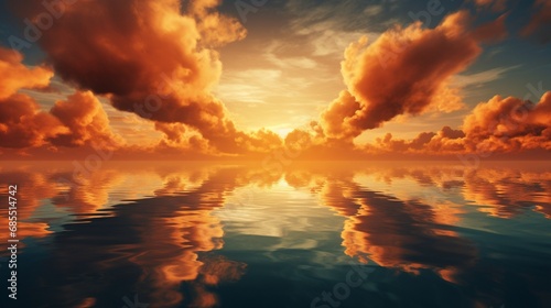 Golden Amber Clouds hover over a tranquil lake  creating a breathtaking mirror image on the water s surface.